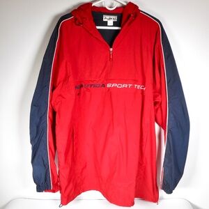 Nautica Sport Tech Men XL Red Rain Windbreaker Jacket Hood Navy Blue Embroidered